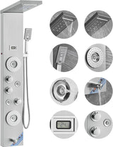 Shower Panel System, 6 Shower Modes, LED & Display Shower Panel Tower, Rainfall, Waterfall, 4 Body Massage Jets, Tub Spout, Handheld Shower Head 59" Hose, Stainless Steel Wall-Mounted Shower Set