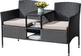 Outdoor Furniture Patio Loveseat Wicker 2-Seat with Built-in Table and Cushions Rattan Porch Chairs Bench for Balcony, Lawn, Backyard (Beige)