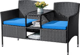Outdoor Furniture Patio Loveseat Wicker 2-Seat with Built-in Table and Cushions Rattan Porch Chairs Bench for Balcony, Lawn, Backyard (Beige)