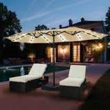 15 ft Large Patio Umbrella with Solar Lights Double-Sided Outdoor Rectangle Market Umbrellas with 36 LED Lights/Base Included/Easy Crank for Patio Garden Yard Pool Lawn, Brown