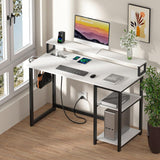 47 inch Computer Desk with Power Outlets, Small Home Office Desk with Ergonomic Monitor Stand, Reversible Gaming Desk, Modern Study Desk, Laptop Desk, White