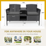 Outdoor Furniture Patio Loveseat Wicker 2-Seat with Built-in Table and Cushions Rattan Porch Chairs Bench for Balcony, Lawn, Backyard (Beige)