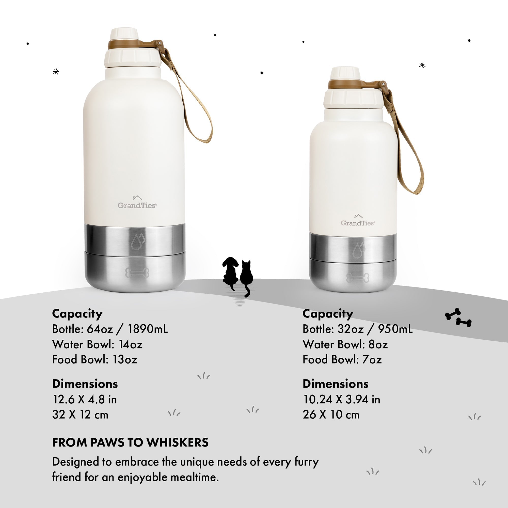 Insulated Dog Water Bottle with Bowls, Two Detachable Bowls for Dogs and Pets, Stainless Steel | 32oz/950ml