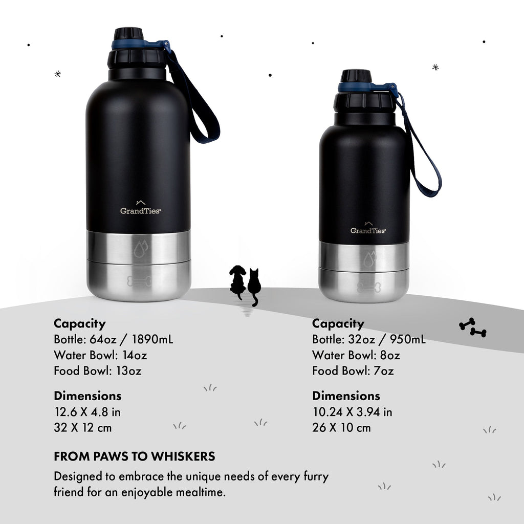 Insulated Dog Water Bottle with Bowls, Two Detachable Bowls for Dogs and Pets, Stainless Steel | 32oz/950ml