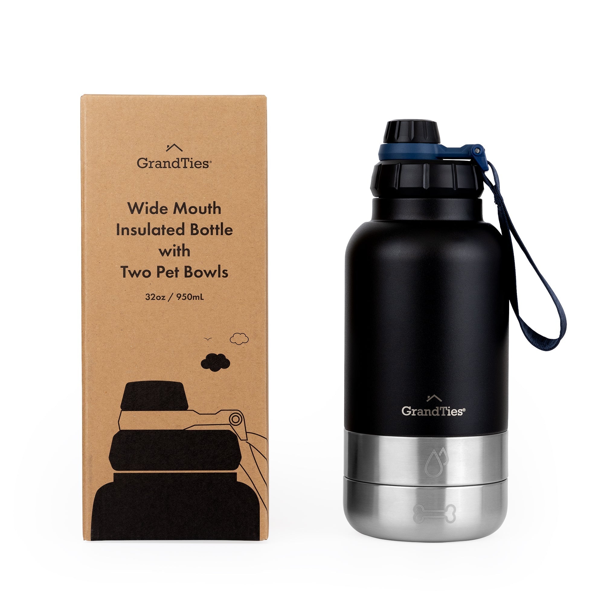 Insulated Dog Water Bottle with Bowls, Two Detachable Bowls for Dogs and Pets, Stainless Steel | 32oz/950ml