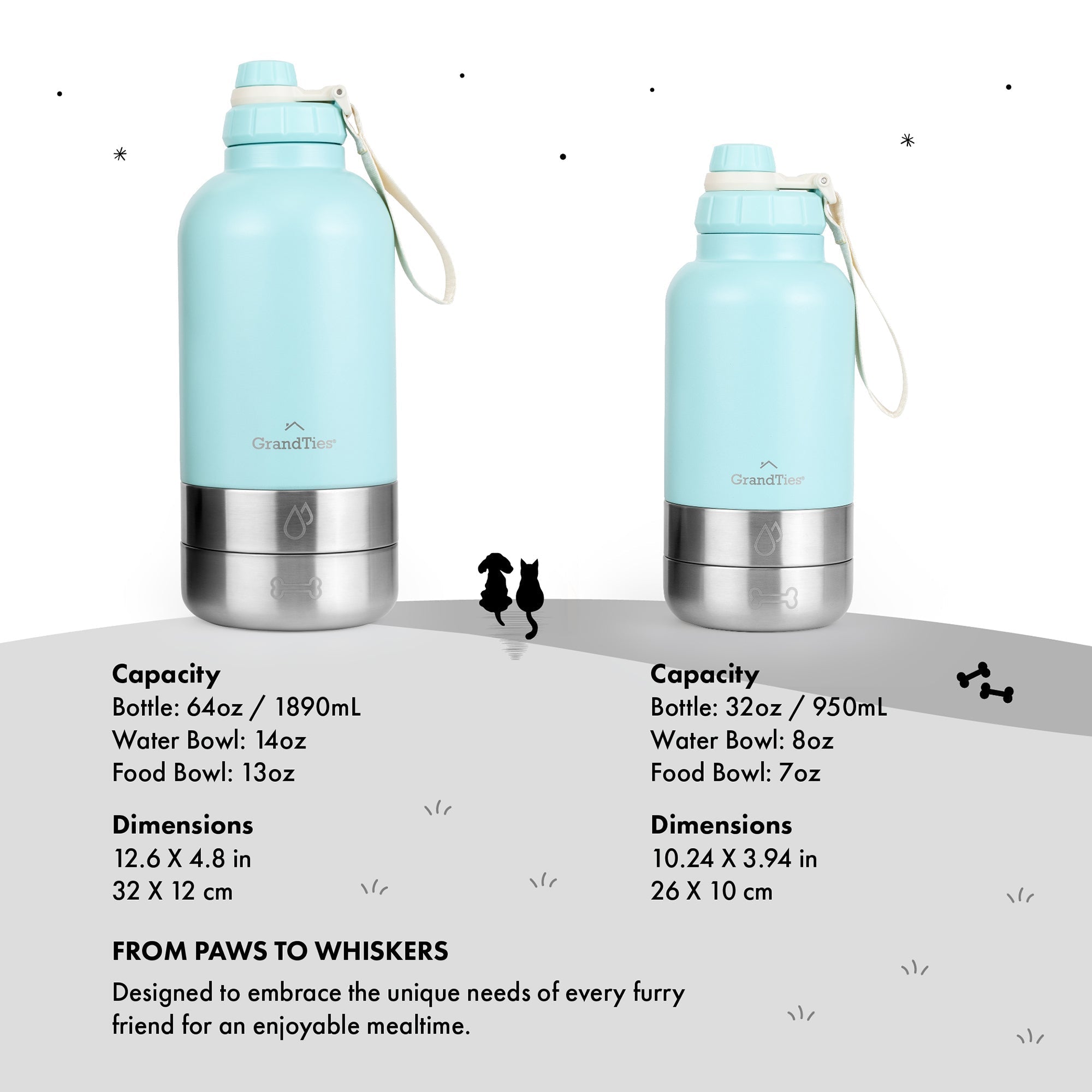 Insulated Dog Water Bottle with Bowls, Two Detachable Bowls for Dogs and Pets, Stainless Steel | 32oz/950ml