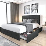 Upholstered Queen Size Platform Bed Frame with 4 Storage Drawers and Headboard, Square Stitched Button Tufted, Mattress Foundation with Wooden Slats Support, No Box Spring Needed, Light Grey