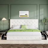 Upholstered Queen Size Platform Bed Frame with 4 Storage Drawers and Headboard, Square Stitched Button Tufted, Mattress Foundation with Wooden Slats Support, No Box Spring Needed, Light Grey