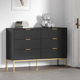 Black Dresser for Bedroom, Modern 6 Drawer Dresser, Chest of Drawers Closet Organizers and Wood Storage Clothes, White Dresser with Golden Handles for Living Room, Hallway