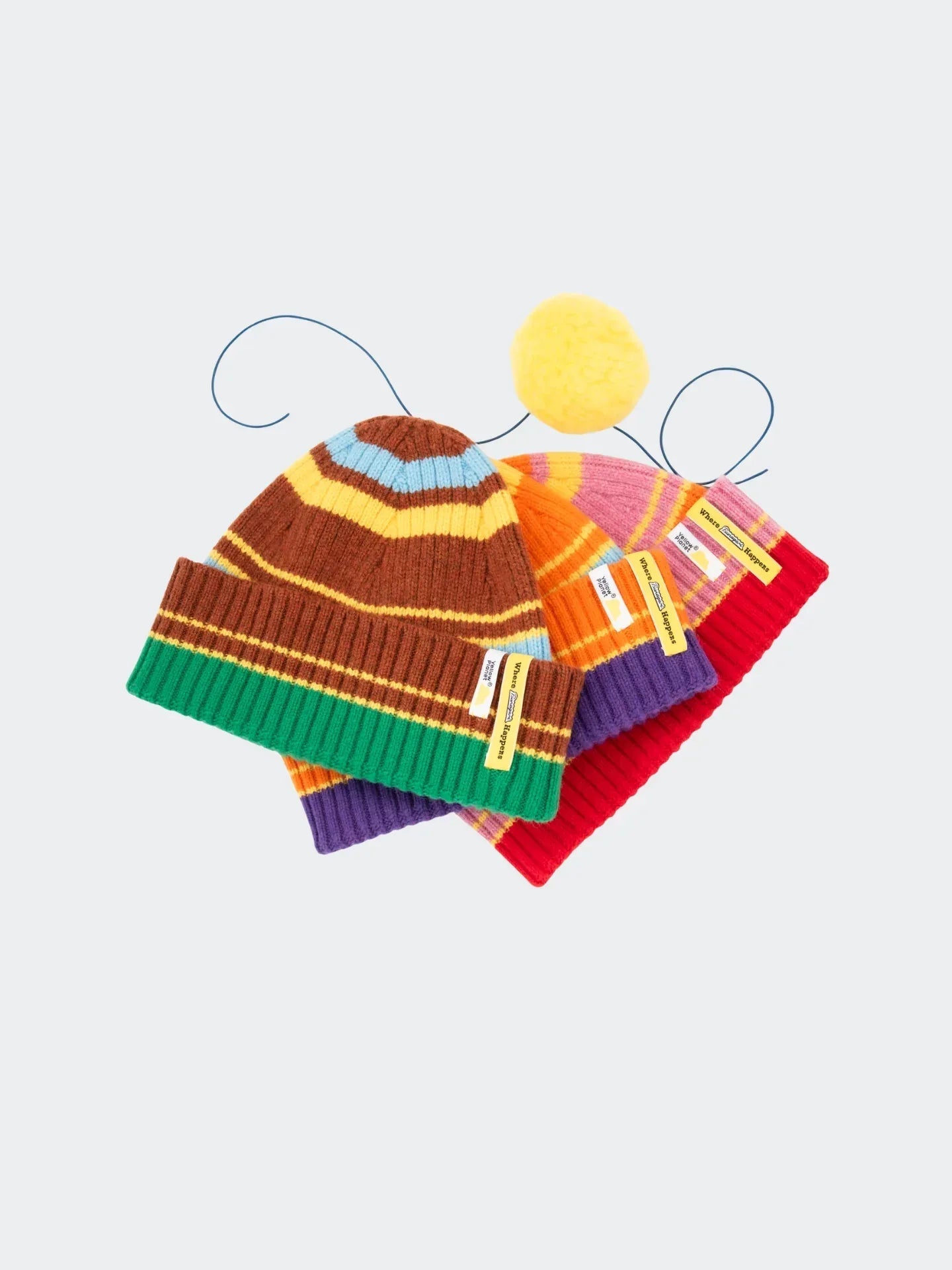 Color Heal Series Striped Wool Beanie with Detachable Pom-Pom