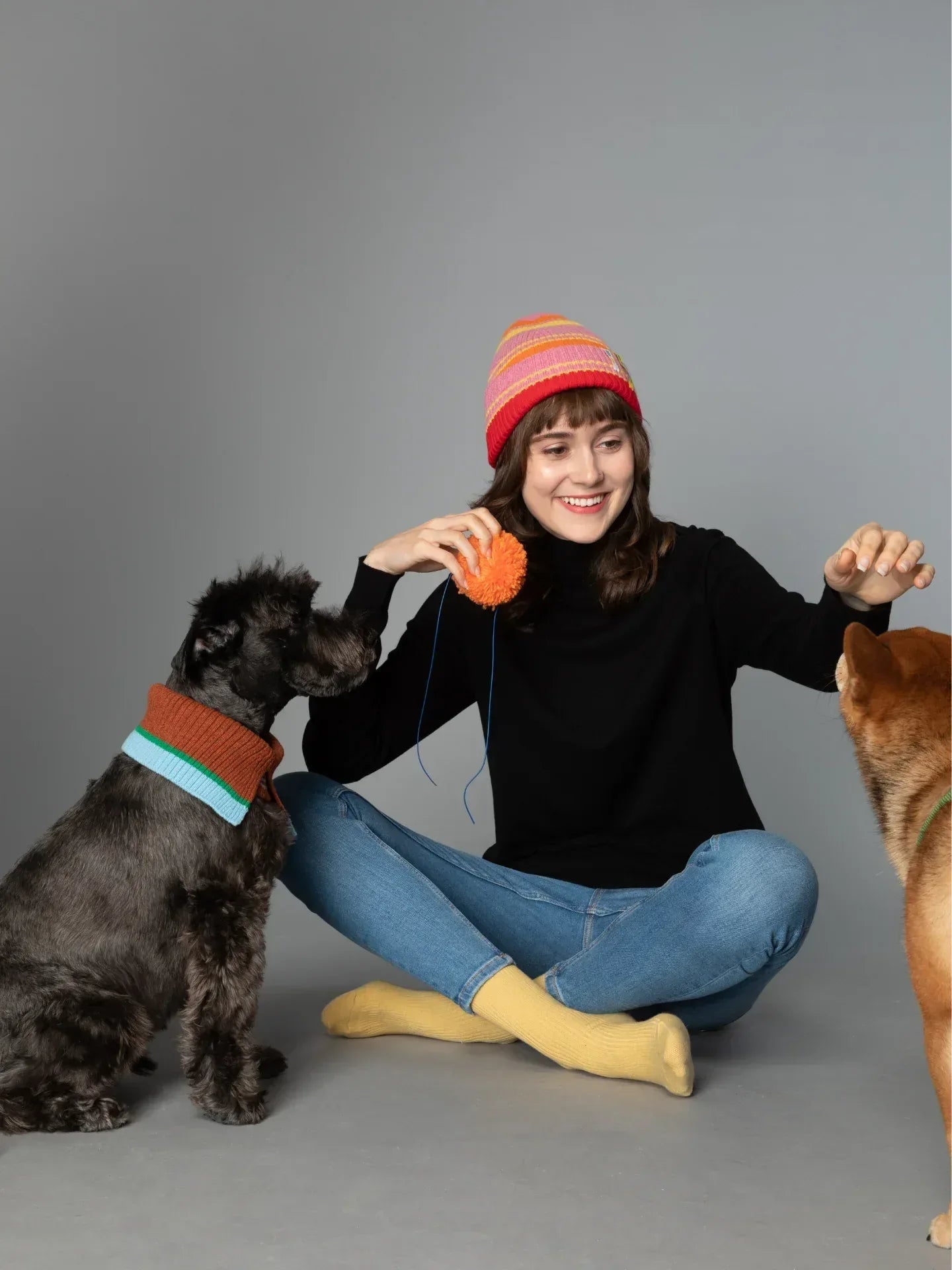 Color Heal Series Striped Wool Beanie with Detachable Pom-Pom